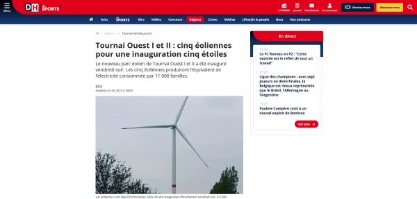 https://www.dhnet.be/regions/tournai-ath-mouscron/2023/05/02/tournai-ouest-i-et-ii-cinq-eoliennes-pour-une-inauguration-cinq-etoiles-MS2EVYR6VFCTDFNY4J32NAMT4U/